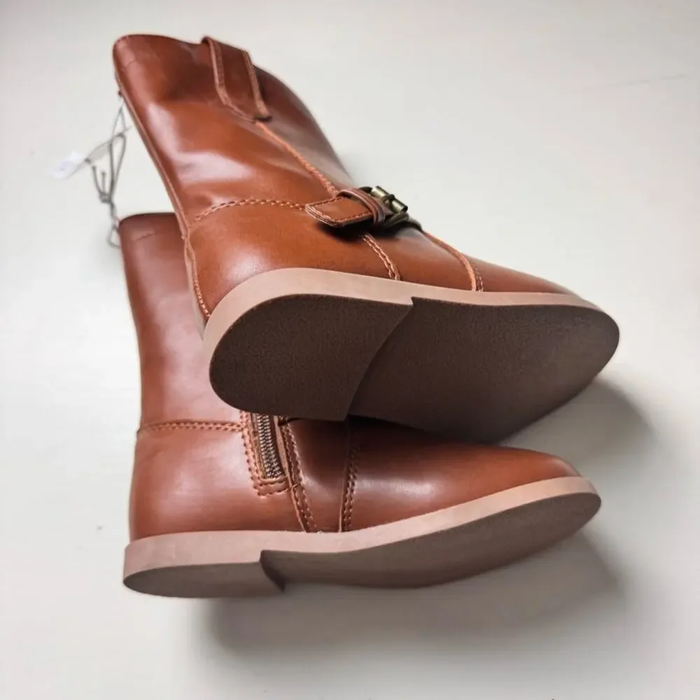 Old Navy Girls Brown Leather Boots with Buckle and SideZippers Sz 9